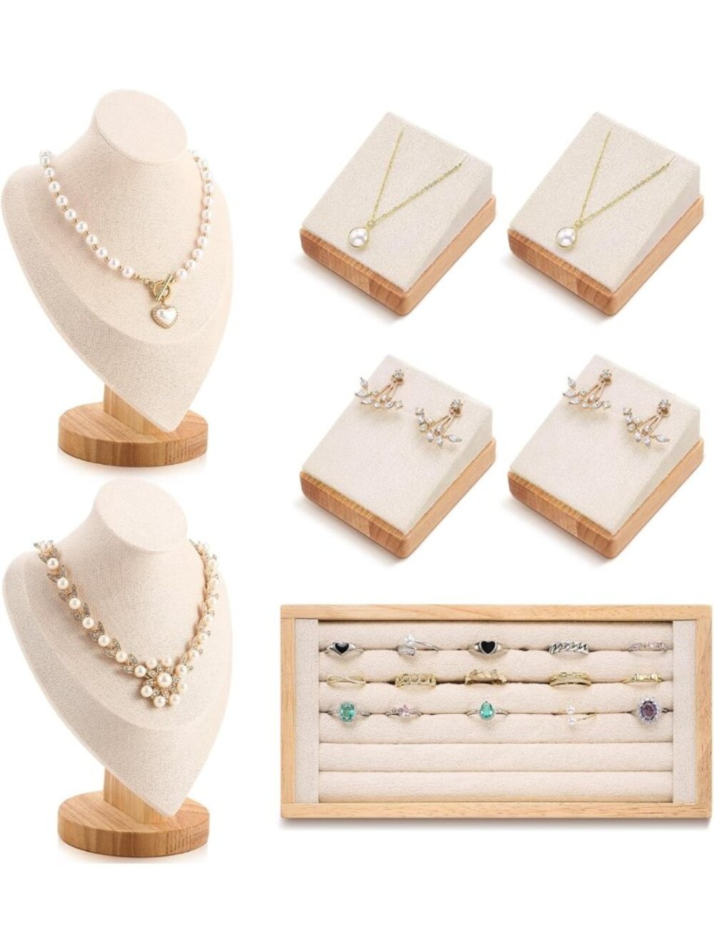 Elegant 7-Piece Jewelry Display Set | Velvet Bust & Ring Tray | Beige Rattan